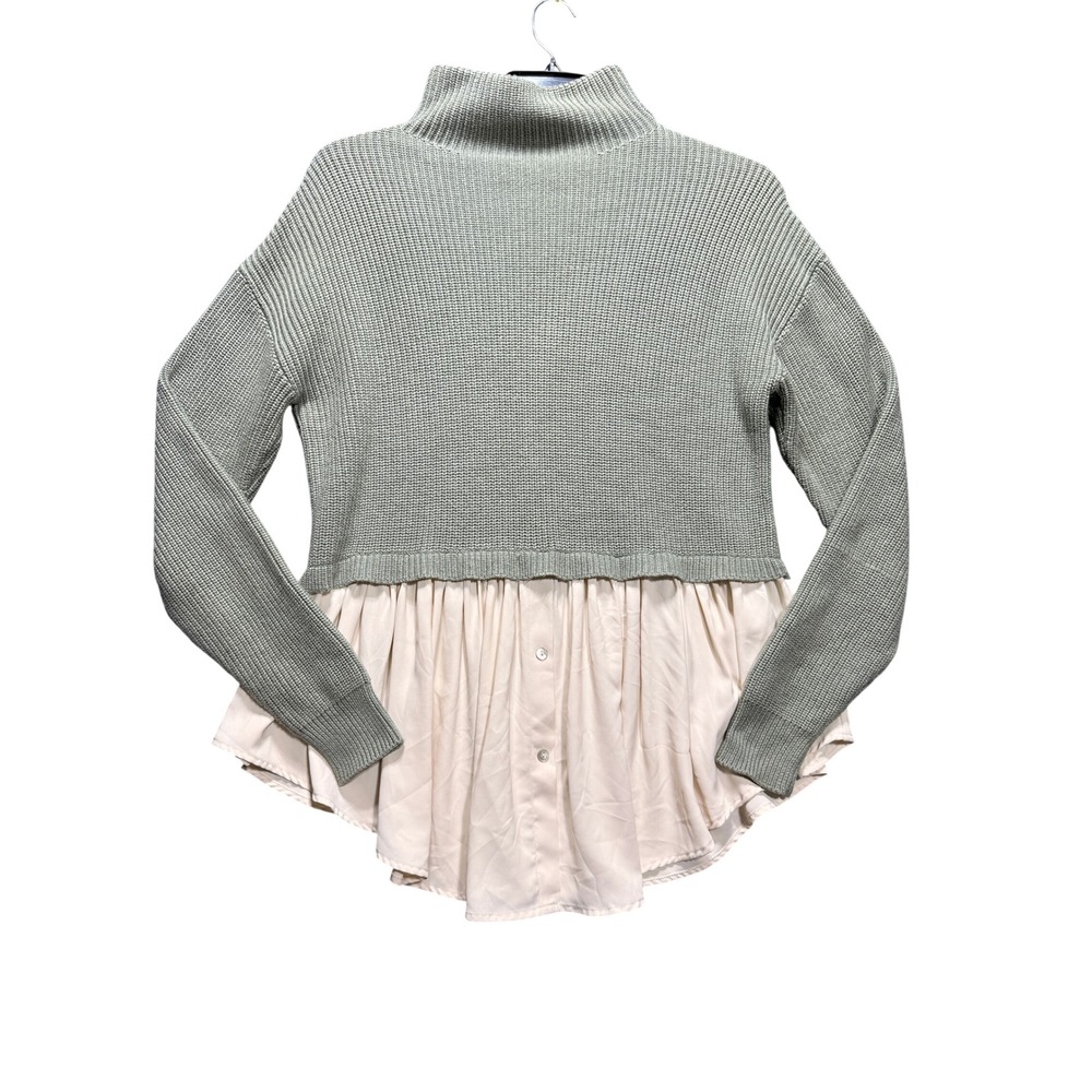 Zara Mixed Media Sweater Women S Sage Green Mock Neck Peplum Hem 9598/162/526/S